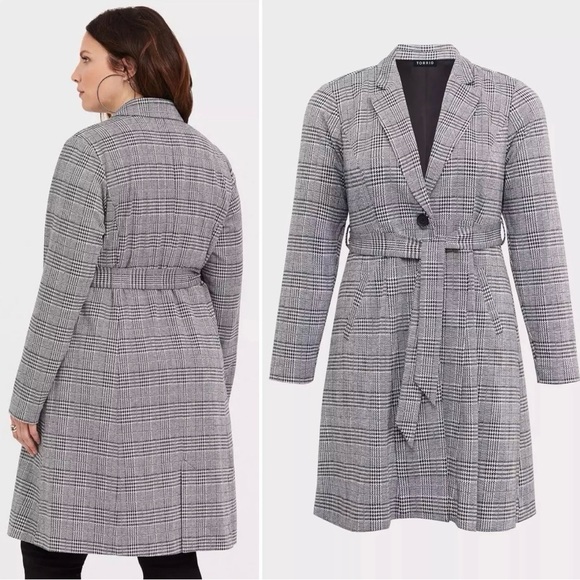 NWT Torrid Longline Power plaid houndstooth belted coat / blazer 2X 18-20 - Picture 2 of 10